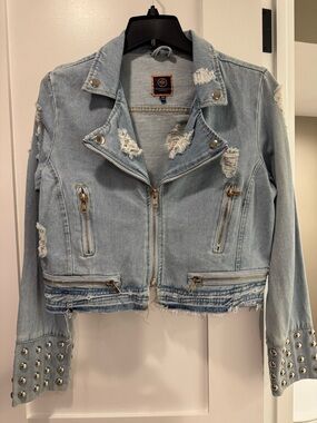 Boom Boom Jeans Light Blue Distressed Studded Denim Jacket